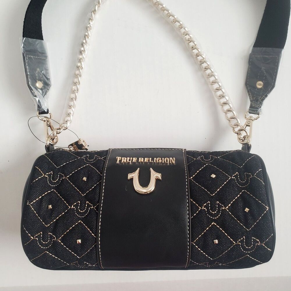 NWT True Religion Bag Black Studded Barrel Denim Quilted Crossbody Chain Strap